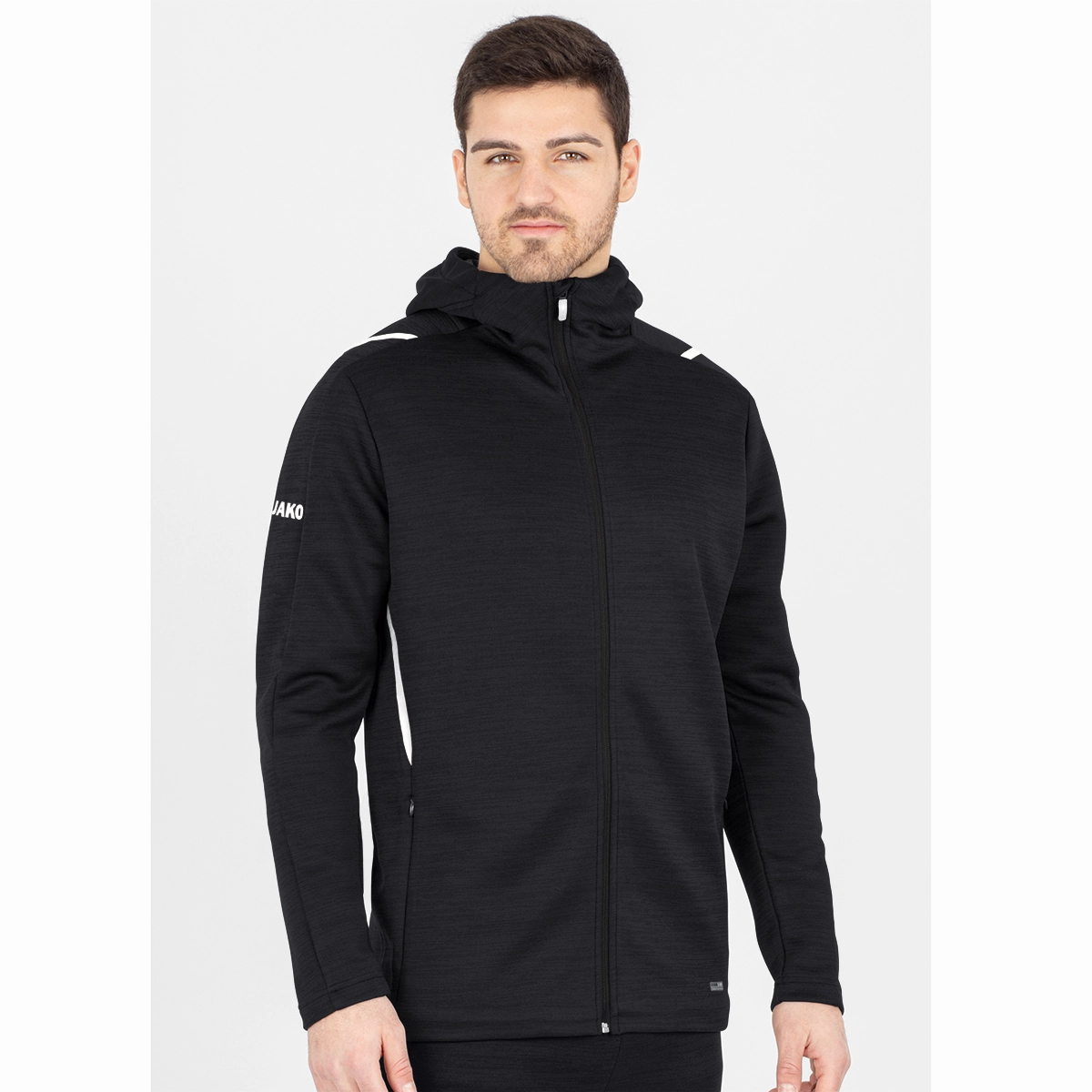 JAKO Freizeitjacke_Challenge_mit_Kapuze 9821D 501 schwarz meliert/weiß