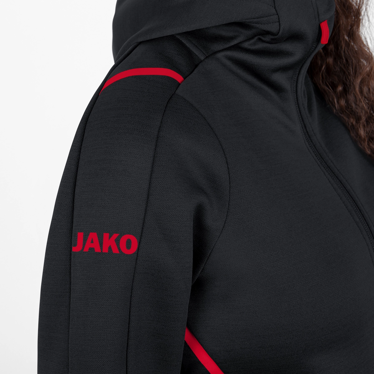 JAKO Freizeitjacke_Challenge_mit_Kapuze 9821D 502 schwarz meliert/rot