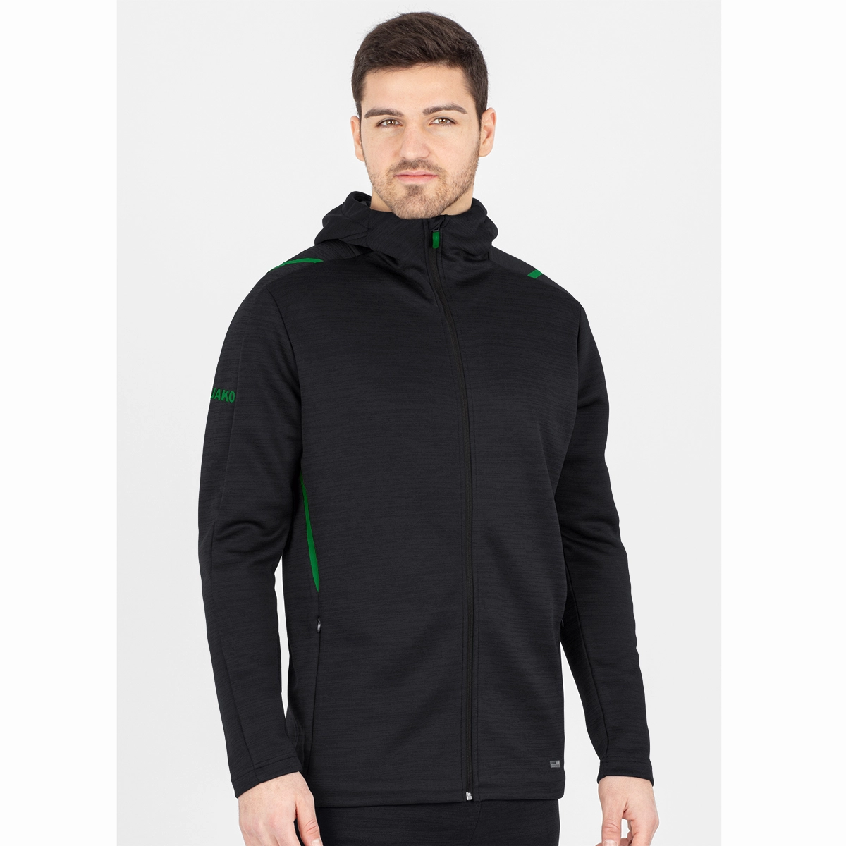 JAKO Freizeitjacke_Challenge_mit_Kapuze 9821D 503 schwarz meliert/sportgrün