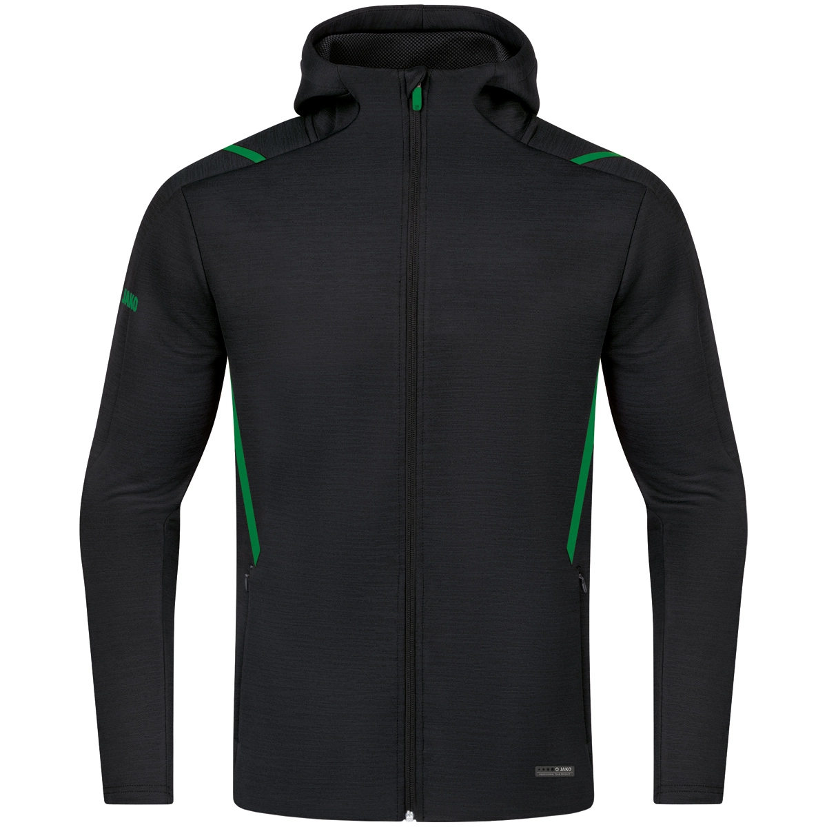 JAKO Freizeitjacke_Challenge_mit_Kapuze 9821D 503 schwarz meliert/sportgrün